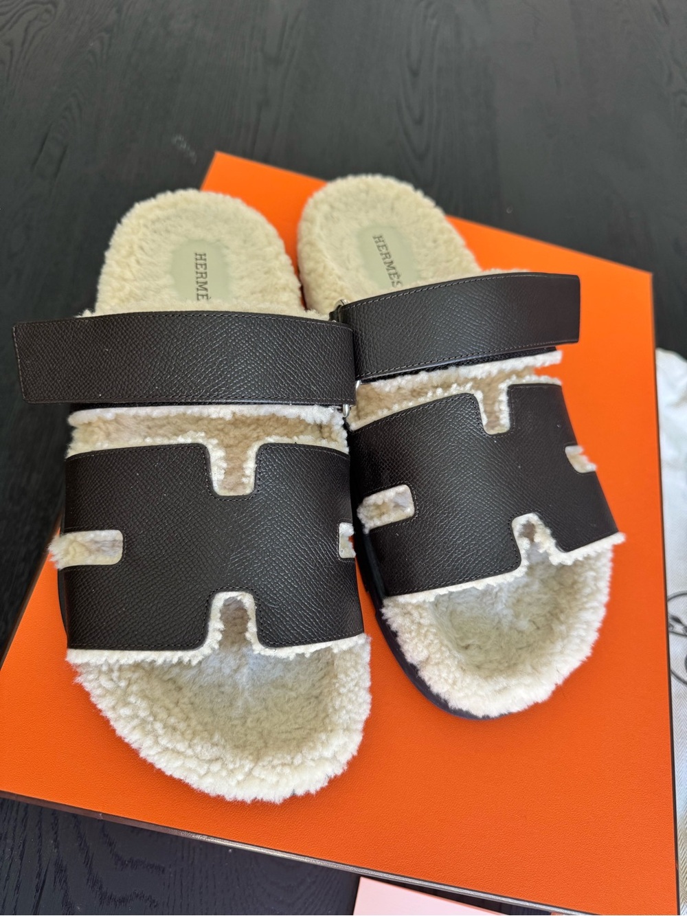 Hermes Men’s  Chypre Dark Brown Shearling Slide Sandals